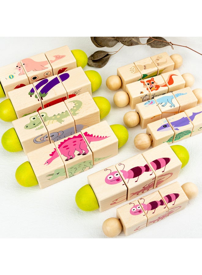 ألعاب تعليمية للأطفال: قطع البناء الخشبية المتحركة على شكل حيوانات، puzzle معرفي للأطفال من 0-3 سنوات - اللون: خمسة قطع من puzzle المتحركة (حجم صغير) - Image 2